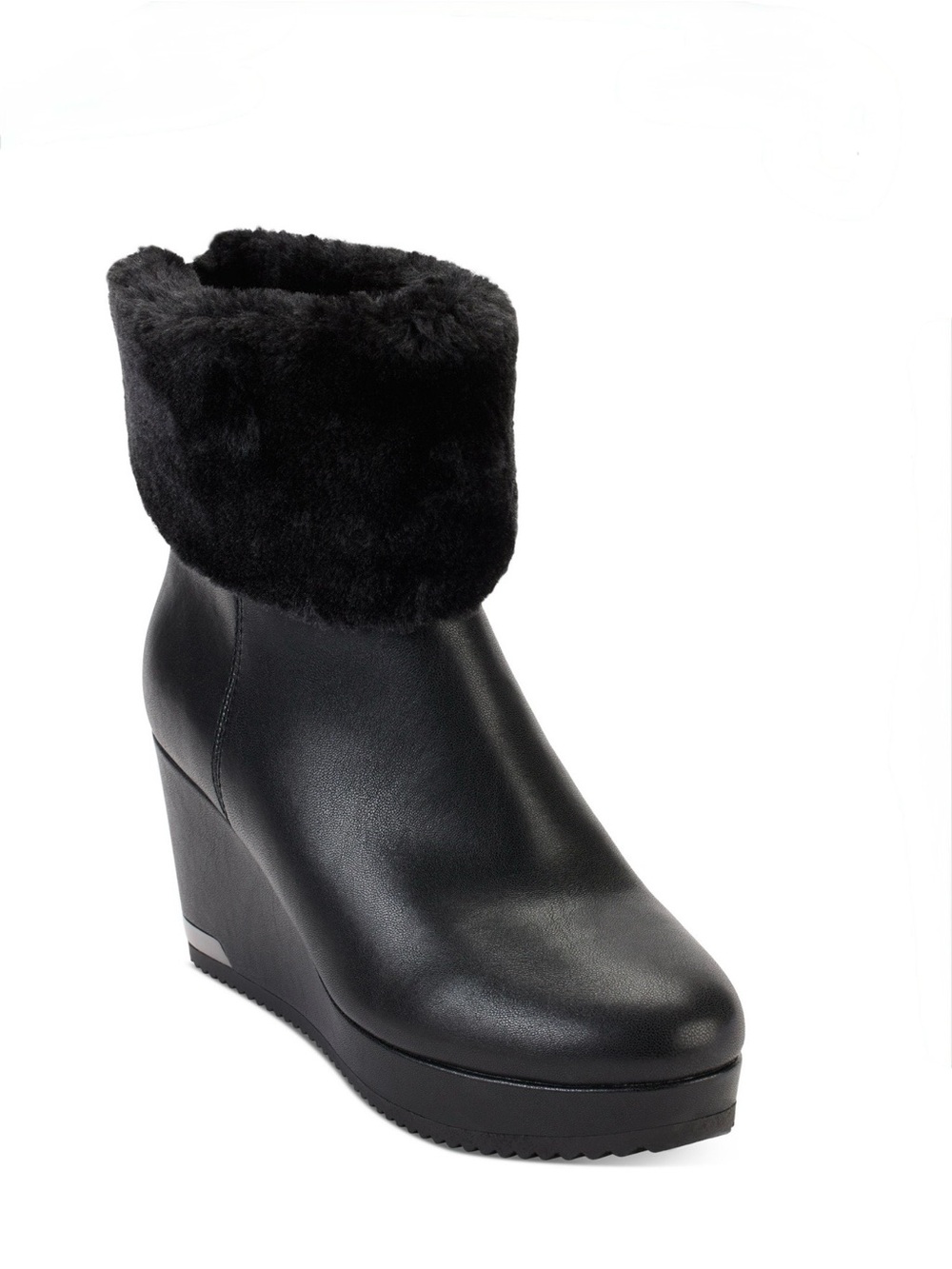 New In Box-DKNY Nadra Faux Shearling Wedge Booties Smooth Black